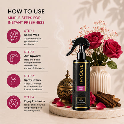 Involve Luxe Rose Oudh Room Freshener 200ml | Long Lasting Room Freshener Fresh Fragrance for Home & Office