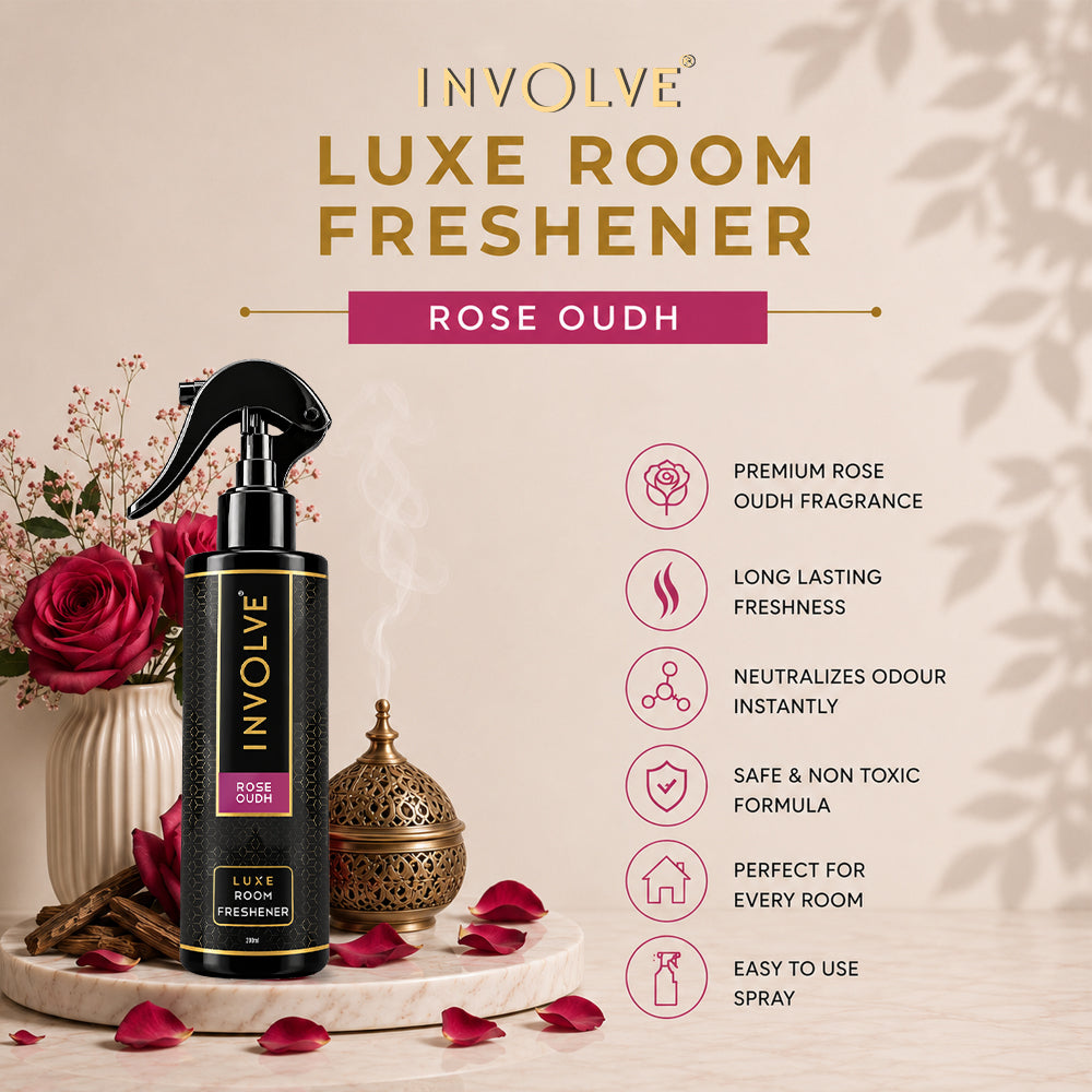 Involve Luxe Rose Oudh Room Freshener 200ml | Long Lasting Room Freshener Fresh Fragrance for Home & Office