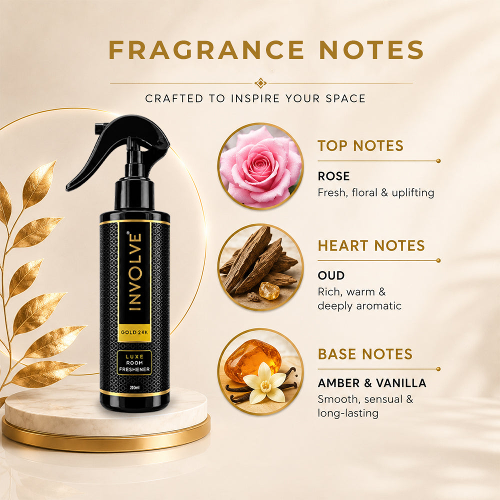 Involve Luxe Gold 24K Room Freshener 200ml | Long Lasting Room Freshener Fresh Fragrance for Home & Office