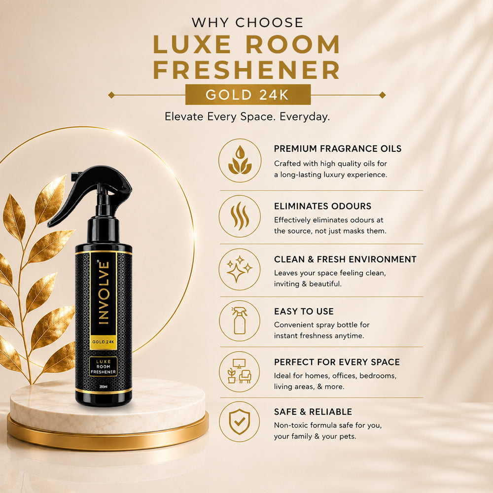 Involve Luxe Gold 24K Room Freshener 200ml | Long Lasting Room Freshener Fresh Fragrance for Home & Office