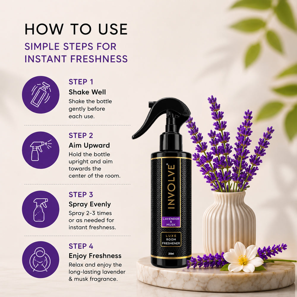 Involve Luxe Lavender Musk Air Freshener Spray (200ml) | Long Lasting Room Freshener Fresh Fragrance for Home & Office