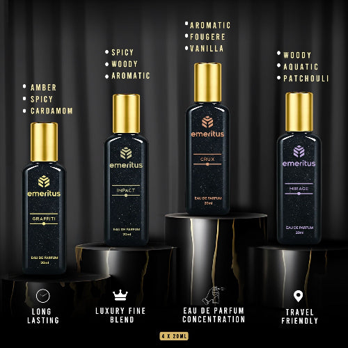 Emeritus™ Impress Pack of 4 | Premium Body Perfume Collection for Men | Graffiti, Impact, Crux & Mirage | Long-Lasting 20ml Perfumes