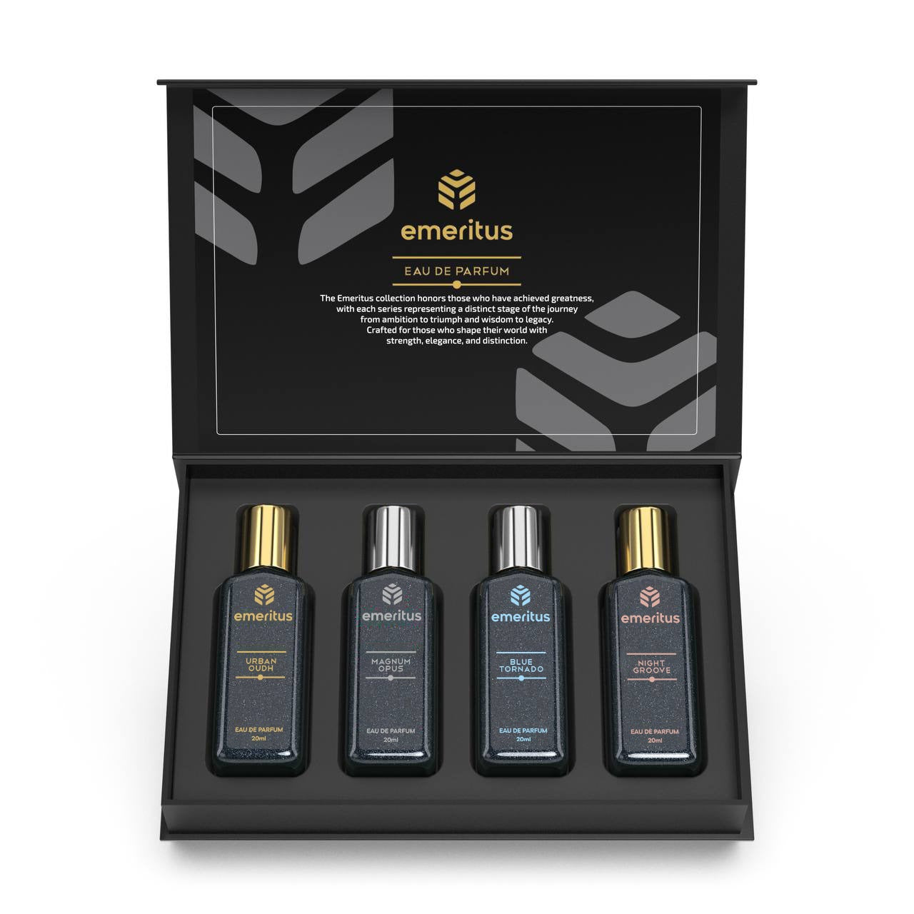 Emeritus® Occasions Pack of 4 | Premium Body Perfume Collection for Men | Urban Oudh, Night Groove, Blue Tornado & Magnum Opus | Long-Lasting 20ml Perfumes