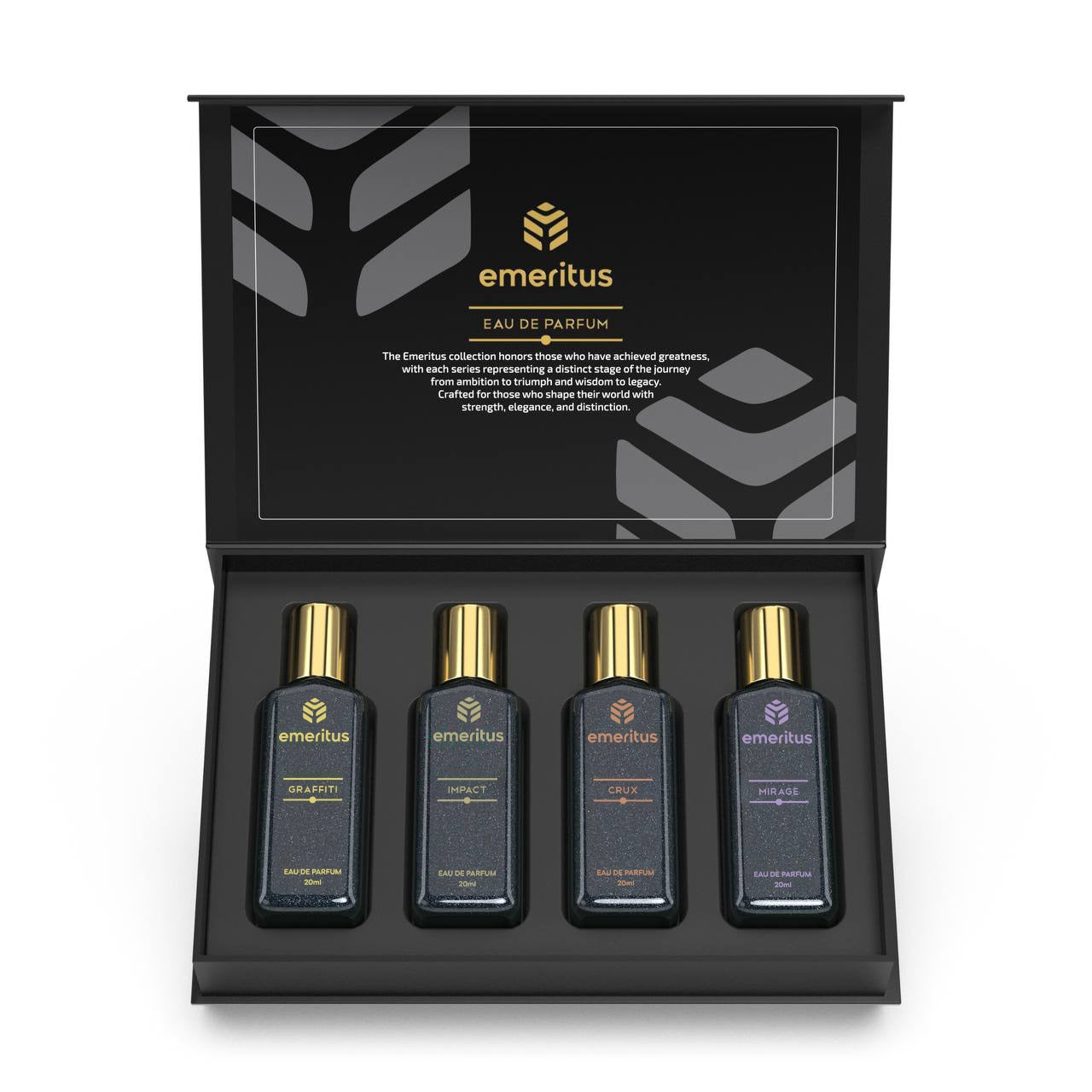Emeritus® Impress Pack of 4 | Premium Body Perfume Collection for Men | Graffiti, Impact, Crux & Mirage | Long-Lasting 20ml Perfumes