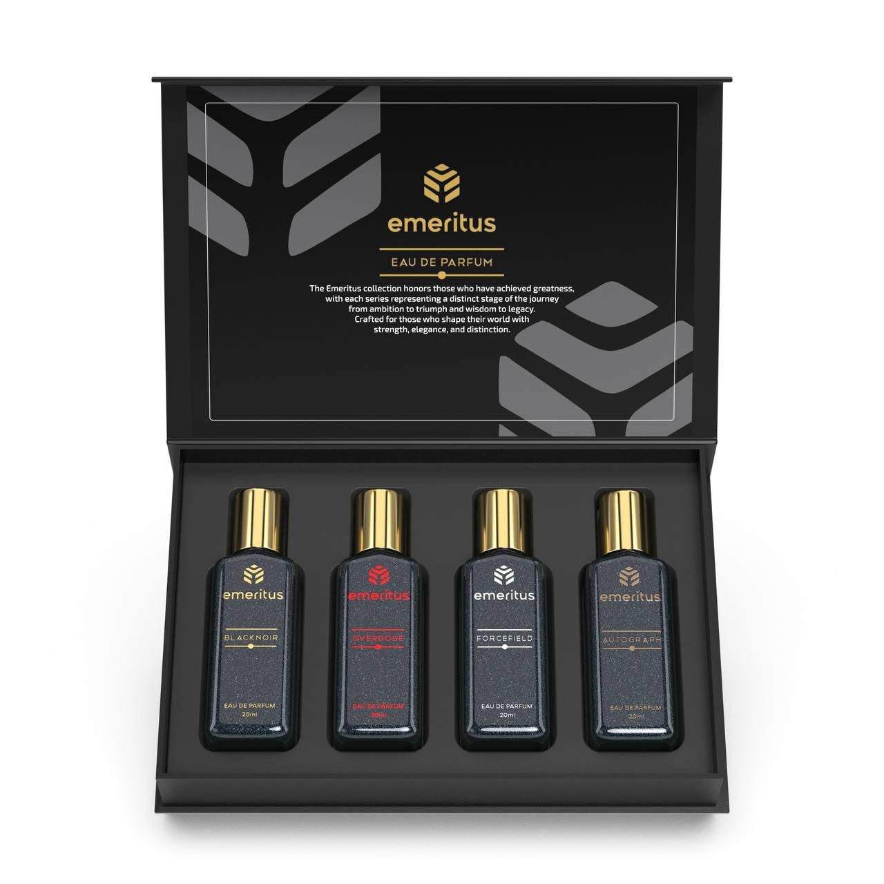 Emeritus® Essentials Pack of 4 | Premium Body Perfume Collection for Men | Black Noir, Overdose, Forcefield & Autograph | Long-Lasting 20ml Perfumes