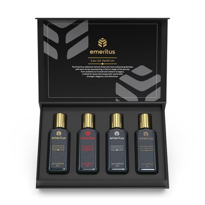 Emeritus® Essentials Pack of 4 | Premium Body Perfume Collection for Men | Black Noir, Overdose, Forcefield & Autograph | Long-Lasting 20ml Perfumes