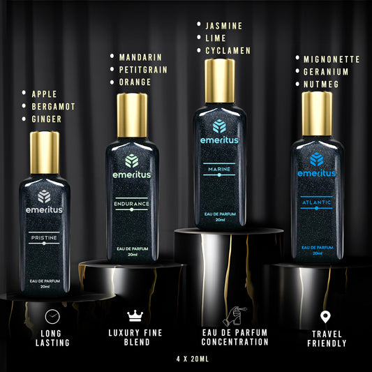 Emeritus® Aqua Oceanic Pack of 4 | Premium Body Perfume Collection for Men | Pristine, Endurance, Marine & Atlantics | Long-Lasting 20ml Perfumes