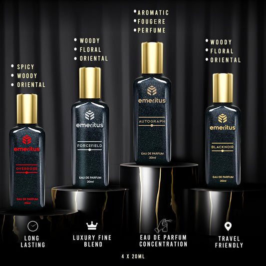 Emeritus® Essentials Pack of 4 | Premium Body Perfume Collection for Men | Black Noir, Overdose, Forcefield & Autograph | Long-Lasting 20ml Perfumes