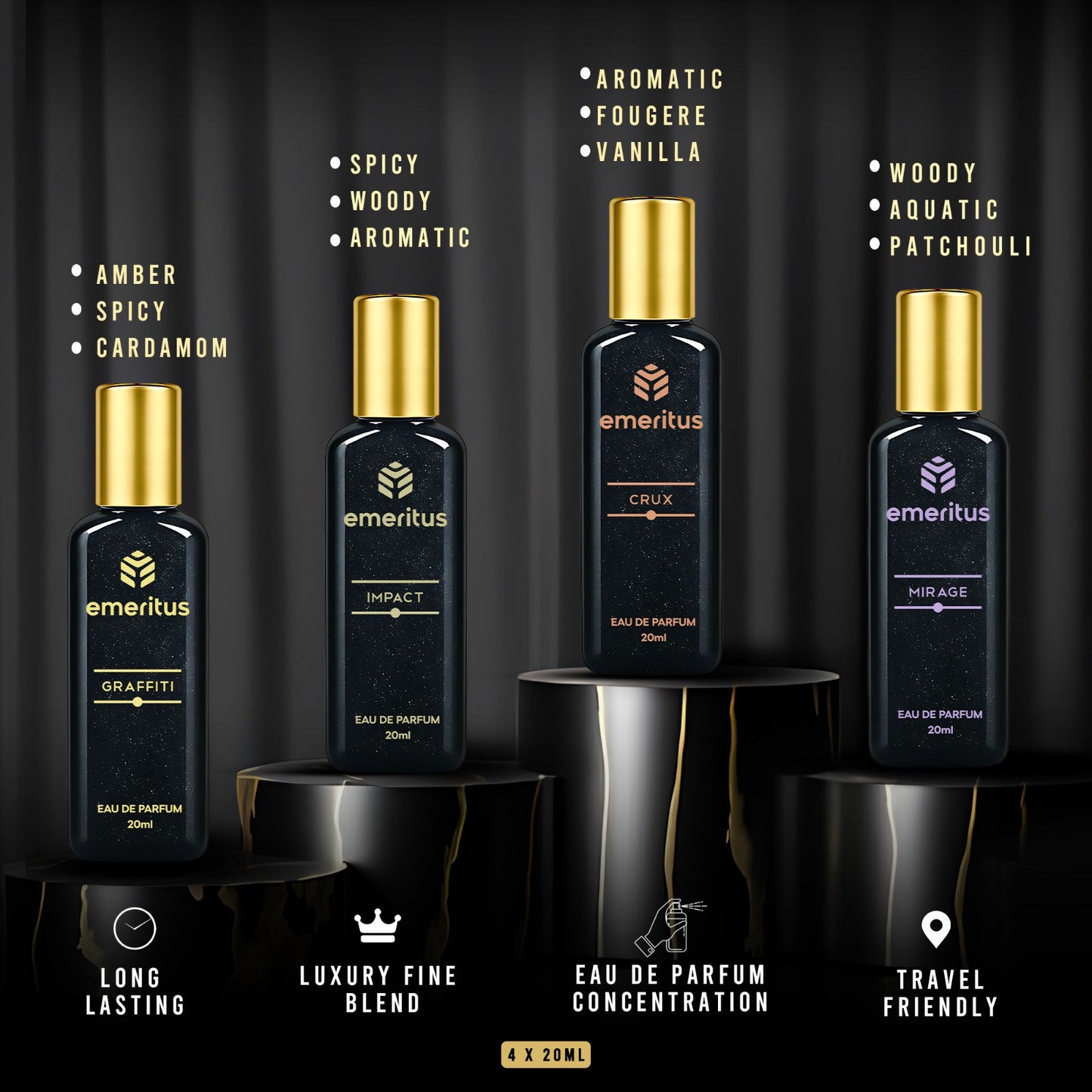 Emeritus® Impress Pack of 4 | Premium Body Perfume Collection for Men | Graffiti, Impact, Crux & Mirage | Long-Lasting 20ml Perfumes