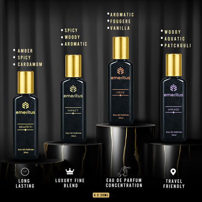 Emeritus® Impress Pack of 4 | Premium Body Perfume Collection for Men | Graffiti, Impact, Crux & Mirage | Long-Lasting 20ml Perfumes