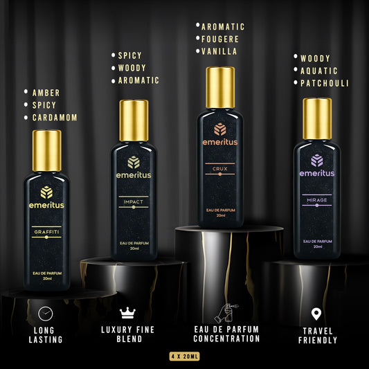 Emeritus® Impress Pack of 4 | Premium Body Perfume Collection for Men | Graffiti, Impact, Crux & Mirage | Long-Lasting 20ml Perfumes