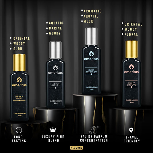 Emeritus® Occasions Pack of 4 | Premium Body Perfume Collection for Men | Urban Oudh, Night Groove, Blue Tornado & Magnum Opus | Long-Lasting 20ml Perfumes