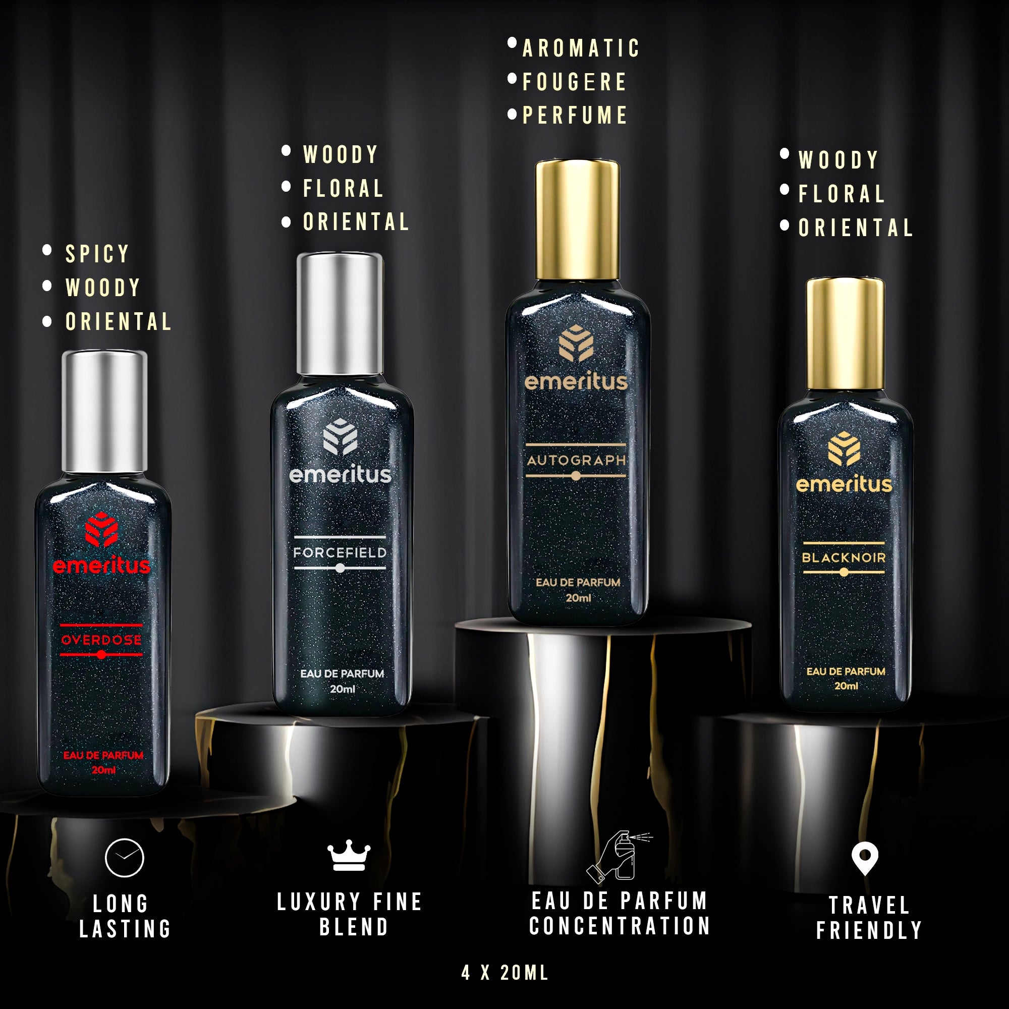 Emeritus™ Essentials Pack of 4 | Premium Body Perfume for Office Use | Long-Lasting 20ml Perfumes