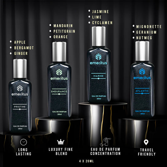 Emeritus™ Aqua Oceanic Pack of 4 | Premium Body Perfume Collection for Men | Pristine, Endurance, Marine & Atlantics | Long-Lasting 20ml Perfumes